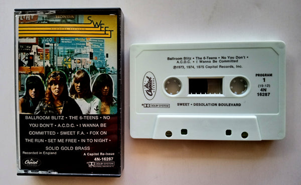 SWEET (Brian Connolly) - "Desolation Boulevard" (w/"Ballroom Blitz" & "Fox On The Run") - Cassette Tape (1975/1989) [Digitally Remastered] - Mint